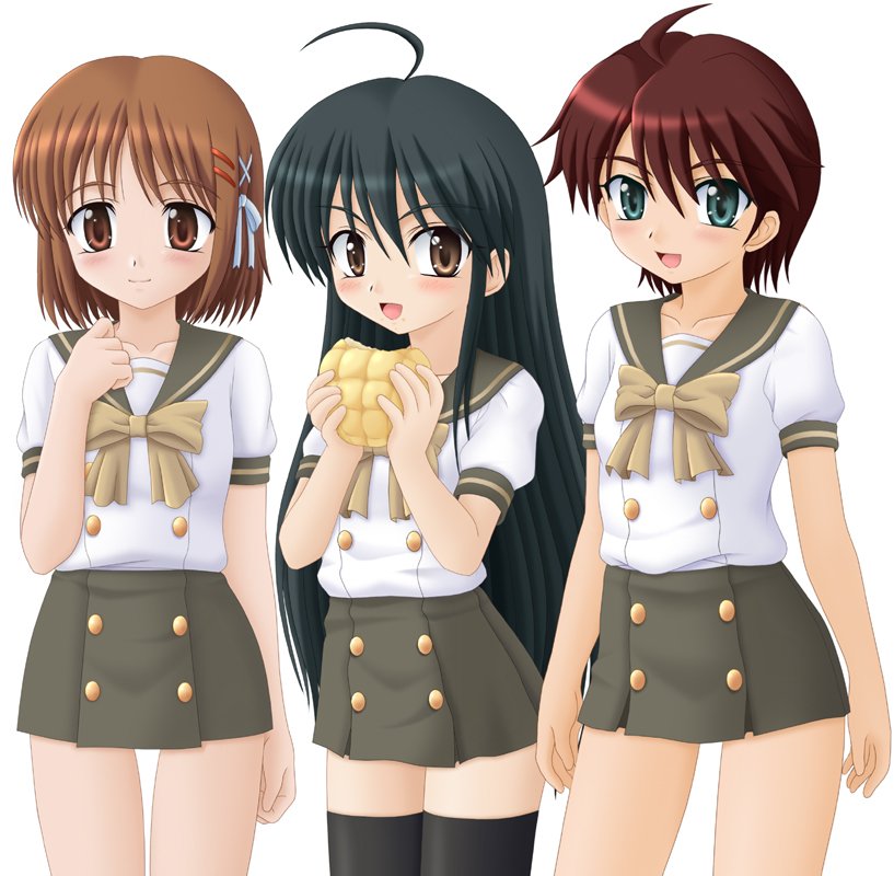 bread brown_eyes brown_hair food green_eyes long_hair melon_bread miracle! ogata_matake red_hair redhead school_uniform shakugan_no_shana shana short_hair thigh-highs thighhighs yoshida_kazumi