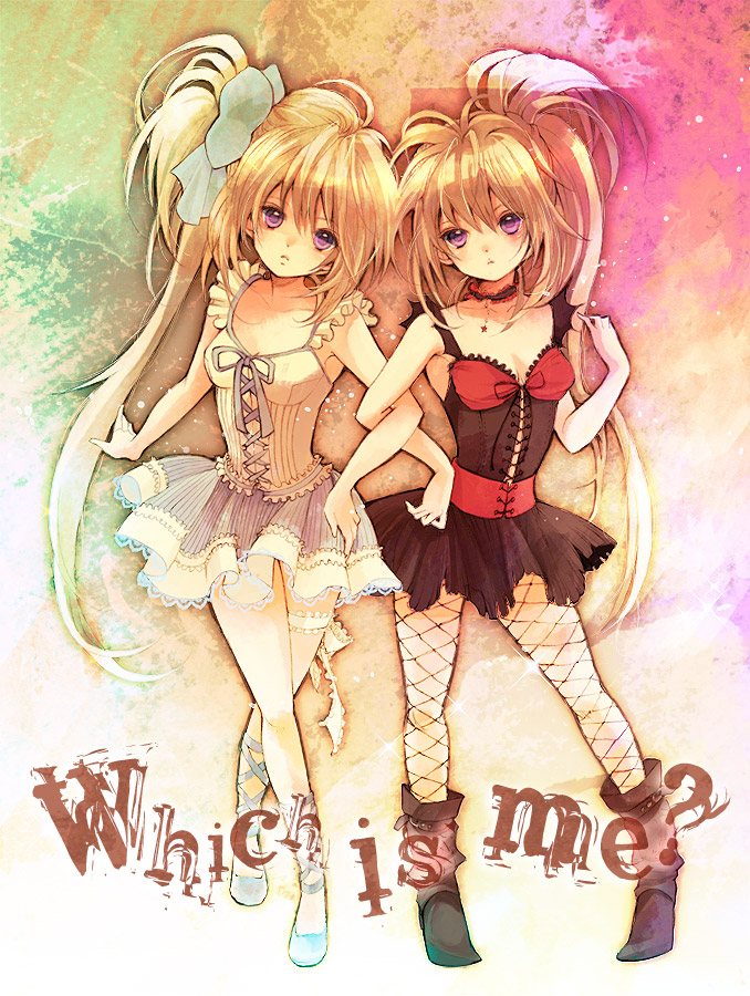 bad_id blonde_hair boots bow choker cross-laced_footwear dress dual_persona english fishnet_pantyhose fishnets garters hair_bow hair_ribbon hoshina_utau locked_arms long_hair lunatic_charm nire pantyhose purple_eyes ribbon seraphic_charm shugo_chara! side_ponytail violet_eyes