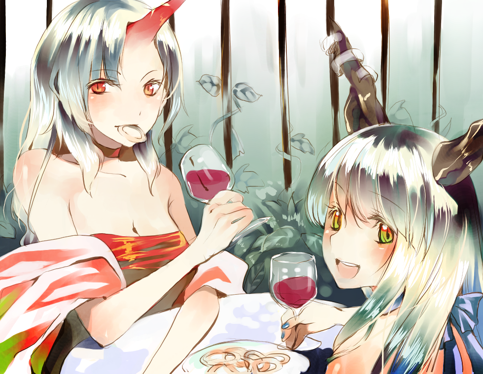 breasts cleavage cup from_above horn horns hoshiguma_yugi hoshiguma_yuugi ibuki_suika mouth_hold multicolored_hair multiple_girls nail_polish onion onion_ring onion_rings prino_hawell red_eyes touhou wine wine_glass