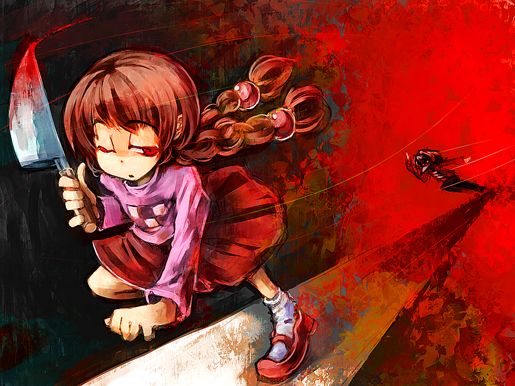 braid brown_hair chase chasing knife madotsuki red_eyes running toriningen twin_braids ukyo_rst yume_nikki