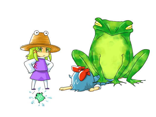 animal cirno frog giant_toad hana_azuki hat moriya_suwako multiple_girls oogama oversized_animal pantyhose touhou