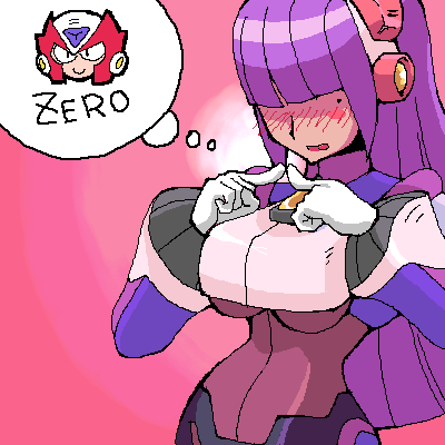 banchosu blush breasts capcom dark_skin gloves hair_over_eyes layer long_hair lowres mole oekaki purple_hair rockman rockman_x thinking under_boob underboob zero_(rockman)