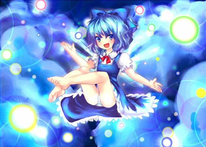 blue_eyes blue_hair cirno danmaku enone feet legs_up open_mouth outstretched_arm outstretched_hand panties pantyshot ribbon short_hair smile striped striped_panties touhou underwear upskirt wings
