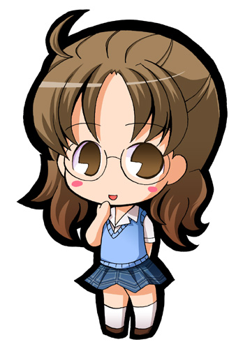 arms_behind blush brown_eyes brown_hair chibi covering_mouth glasses long_hair lowres pac-man_eyes pacman_eyes rozen_maiden sakurada_nori school_uniform skirt suntail