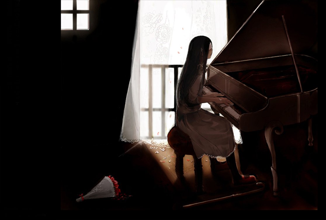 bandages black_hair black_legwear blind blindfold bouquet cane curtains dark dress fence flat_chest flower grand_piano instrument kneehighs long_hair mary_janes original petals piano red_shoes rose shoes socks solo sunlight window