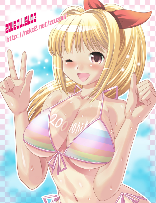 blonde_hair blush brown_eyes front-tie_top long_hair marin open_mouth ponytail side-tie_bikini smile solo string_bikini swimsuit tan tanline thumbs_up umi_monogatari v wink zouzou