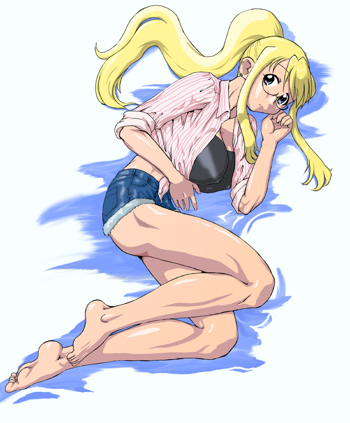 00s 1girl bandeau barefoot blonde_hair blue_eyes breasts denim denim_shorts female fullmetal_alchemist glasses huge_breasts large_breasts legs lying muscle nakami_yoshikage open_clothes open_shirt ponytail shirt shorts sleeves_rolled_up solo strapless tubetop winry_rockbell