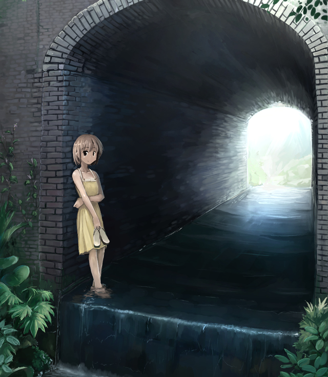 1girl barefoot dress holding holding_shoes kajiji nature original perspective sandals scenery shoes solo sundress tunnel wading water