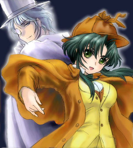 1boy 1girl detective green_hair jochuu-san jochuu-san's_master lowres oekaki original yagisaka_seto