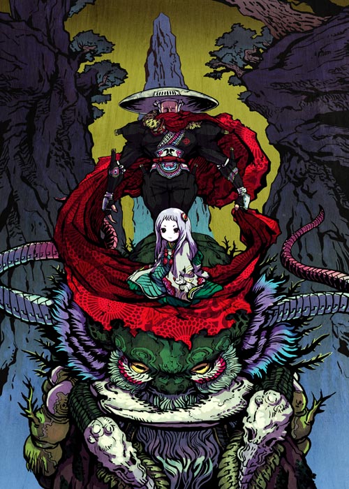 1boy 1girl black_eyes full_body hair_bobbles hair_ornament hat japanese_clothes long_hair looking_at_viewer monk monster mountain nagasawa_shin original plant rice_hat sash scarf silver_hair sitting standing traditional_clothes tree very_long_hair