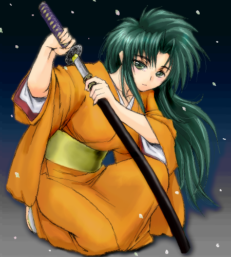 1girl green_hair japanese_clothes jochuu-san lowres oekaki original solo sword weapon yagisaka_seto