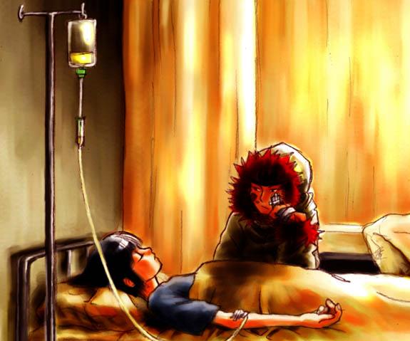 1boy 1girl artist_request bandage bed black_hair facial_mark fur_trim hospital hospital_bed hyuuga_hinata intravenous_drip inuzaki_kiba inuzuka_kiba medical naruto short_hair sitting sleeping