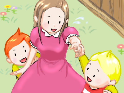 1girl 2boys :d blonde_hair blush brown_hair claus dress flower grass hand_holding hinawa looking_back lowres lucas mother_(game) mother_3 multiple_boys nintendo oekaki open_mouth outdoors pink_dress plant short_sleeves sidelocks smile upper_body