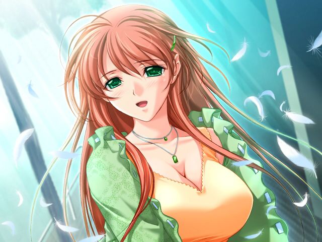 1girl akibakei_kanojo aoi_ren breasts cleavage feathers game_cg green_eyes hair_ornament hairclip huge_breasts jewelry large_breasts long_hair necklace orange_hair pink_hair sano_toshihide solo