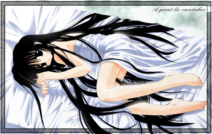 1girl barefoot bed bed_sheet black_eyes black_hair long_hair lying md5_mismatch on_side original satou_kibi solo very_long_hair