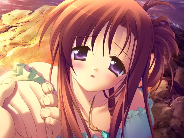 1girl blush brown_hair game_cg gayarou hand_holding hands looking_at_viewer miyashiro_karin open_mouth solo suigetsu violet_eyes