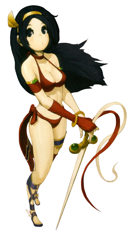 1girl asamiya_athena athena_(series) bikini black_eyes black_hair bracelet breasts choker elbow_gloves gladiator_sandals gloves hairband jewelry king_of_fighters long_hair midriff nona official_art princess_athena ribbon sandals snk snk_vs_capcom solo svc_chaos swimsuit sword the_king_of_fighters weapon