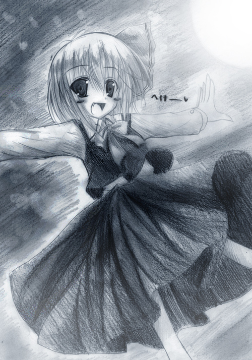 1girl blonde_hair fang female fukai_ryousuke hair_ribbon monochrome necktie outstretched_arms red_eyes ribbon rumia short_hair solo spread_arms the_embodiment_of_scarlet_devil touhou youkai