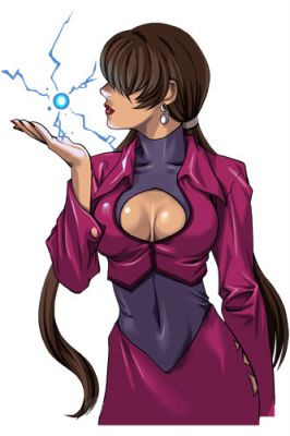 1girl breasts cleavage cleavage_cutout dark_persona dark_skin earrings hair_over_eyes jewelry king_of_fighters king_of_fighters_neowave kof_neowave long_hair lowres nakano_tomokazu official_art orochi_shermie ponytail shermie snk solo the_king_of_fighters the_king_of_fighters_neowave twintails