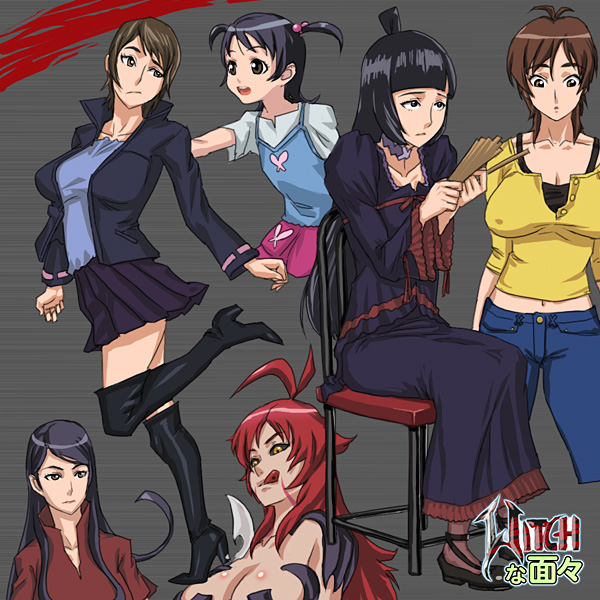 5girls :d :o :q age_difference ahoge amaha_masane amaha_rihoko antenna_hair bangs black_hair black_legwear black_sclera blade blouse blue_hair blunt_bangs body_blush boots breasts brown_eyes brown_hair butterfly buttons camisole chair child choker cleavage denim dual_persona erect_nipples facial_mark flat_chest frills frown gothic_lolita grey_background hair_bobbles hair_ornament head_tilt high_collar holding jacket jeans large_breasts leg_lift lipstick lolita_fashion long_hair looking_down makeup mature midriff milf miniskirt mother_and_daughter multiple_girls naomi naomi_(witchblade) naughty_face navel open_clothes open_jacket open_mouth orange_eyes outstretched_arm pants pantyhose parted_bangs pink_legwear platform_footwear pleated_skirt popped_collar redhead ribbon shirt shoes short_twintails sidelocks simple_background sitting skirt smile soho_reina sohou_reina standing standing_on_one_leg swept_bangs t-shirt tank_top thigh-highs thigh_boots tongue tongue_out tsuzuki_shiori twintails two_side_up unbuttoned usatarou weapon wide_sleeves witchblade