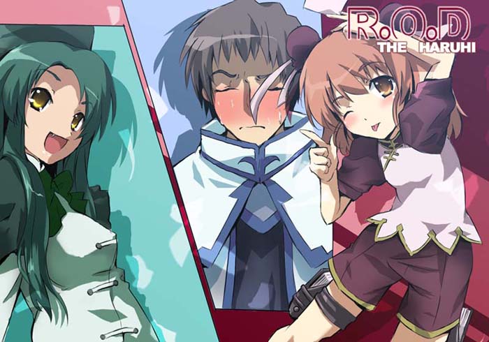 1boy 2girls anita_king anita_king_(cosplay) asahina_mikuru cosplay crossover kyon kyon_no_imouto maggie_mui maggie_mui_(cosplay) michelle_cheung michelle_cheung_(cosplay) multiple_girls okiura parody r.o.d_the_tv read_or_die suzumiya_haruhi_no_yuuutsu tsuruya