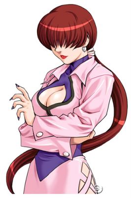 1girl breasts brown_hair cleavage cleavage_cutout earrings hair_over_eyes jewelry king_of_fighters king_of_fighters_neowave kof_neowave lipstick long_hair lowres makeup nail_polish nakano_tomokazu official_art ponytail purple_nails shermie snk solo the_king_of_fighters the_king_of_fighters_neowave