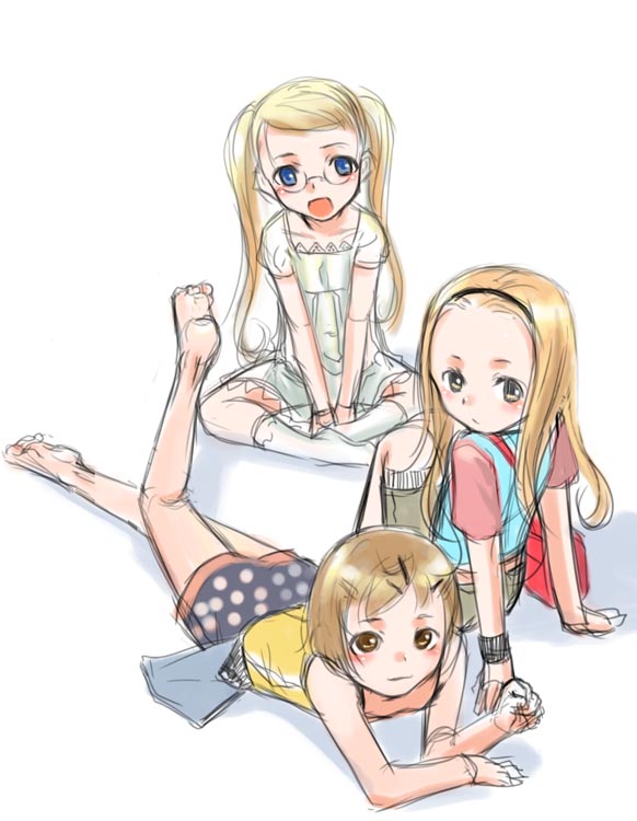 3girls barefoot blonde_hair blue_eyes feet lying multiple_girls on_stomach sketch sleeve sody soles toes twintails