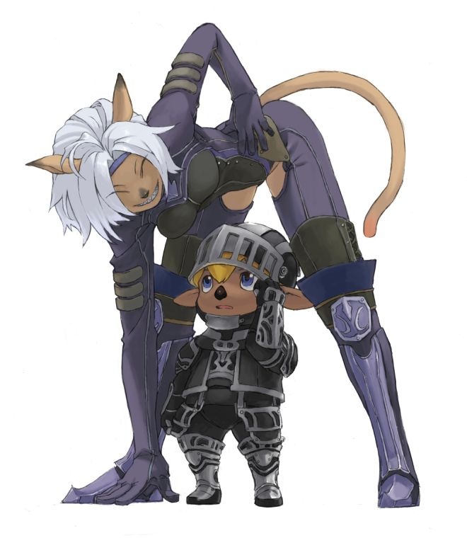 1boy 1girl animal_ears armor artist_request bent_over blonde_hair blue_eyes bodysuit boots cat_ears cat_tail closed_eyes dark_knight dark_knight_(final_fantasy) dragoon_(final_fantasy) final_fantasy final_fantasy_xi gloves grin mithra sharp_teeth short_hair size_difference smile tail tarutaru teeth thigh_gap thighs white_hair
