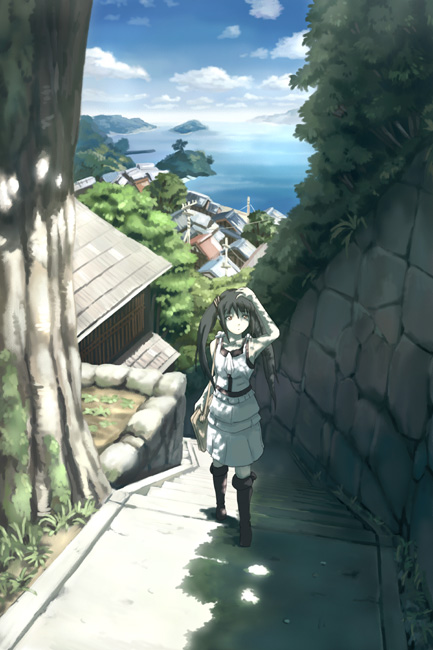 1girl black_hair boots dress juumonji original shading_eyes solo stairs tree twintails village water