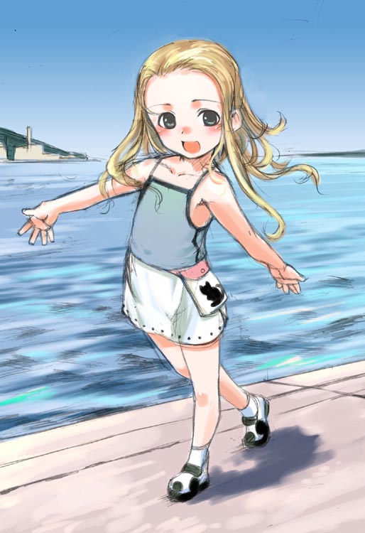 1girl :d bare_shoulders blonde_hair blue_sky blush brown_hair flat_chest full_body horizon looking_at_viewer ocean open_mouth original outdoors outstretched_arms shirt shore short_hair shorts skirt sky sleeve sleeveless sleeveless_shirt smile socks sody solo walking water white_legwear
