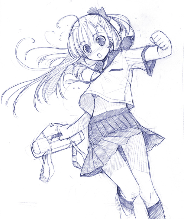 1girl akata_itsuki bag monochrome navel original running school_uniform serafuku simple_background sketch skirt solo sweat