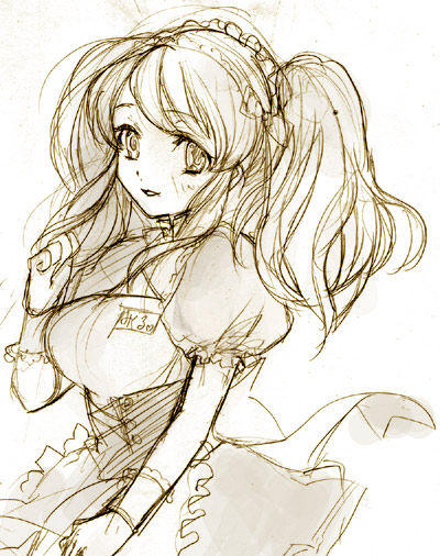 1girl asahina_mikuru monochrome simple_background sketch solo suzumiya_haruhi_no_yuuutsu waitress