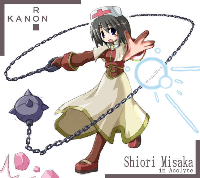 1girl acolyte acolyte_(cosplay) black_hair blue_eyes brooch capelet chains character_name cloak copyright_name cosplay cross crossover full_body gloves hat holding holding_weapon jewelry kanon looking_at_viewer misaka_shiori nurse_cap outstretched_arm poring ragnarok_online red_gloves short_hair simple_background solo weapon white_background
