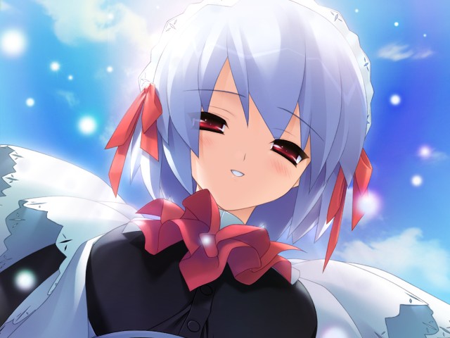 1girl blue_hair blush close-up game_cg gayarou kotonomiya_yuki maid maid_headdress red_eyes sky smile solo suigetsu