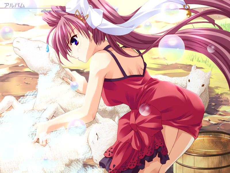 1girl bubble game_cg hair_ribbon long_hair millet minase_lin purple_hair ribbon sheep sorairo_no_organ