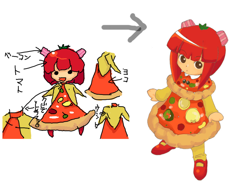 1girl :&lt; bangs blunt_bangs brown_eyes capelet dress food food_print food_themed_clothes mary_janes multiple_views original pizza pizza-tan redhead shoes short_hair