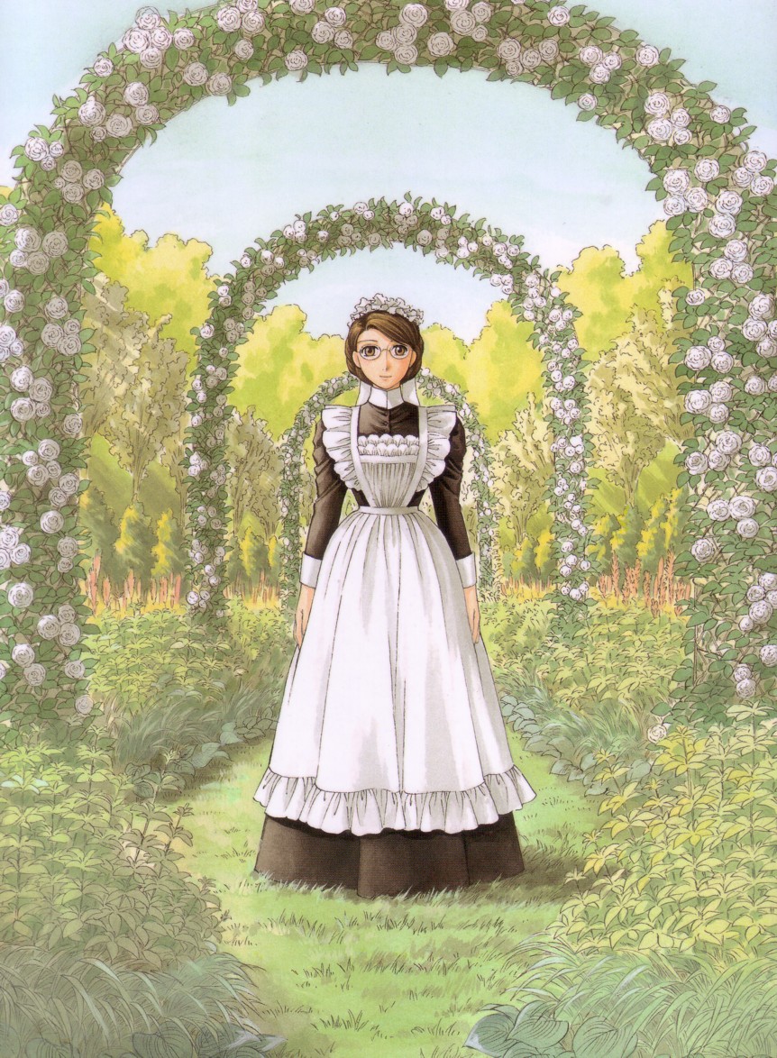1girl arch emma emma_(victorian_romance_emma) flower garden glasses maid mori_kaoru nature rose scenery solo victorian victorian_romance_emma