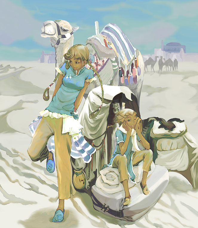 1boy 1girl animal blonde_hair blue_sky braid camel dark_skin desert green_eyes hands_on_own_cheeks hands_on_own_face long_hair looking_at_viewer luggage original outdoors pants sand silhouette sitting sky slippers smile twin_braids twintails