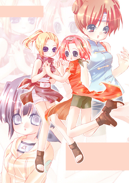 4girls artist_request ass bike_shorts blonde_hair blue_hair brown_hair forehead_protector full_body hand_holding haruno_sakura hyuuga_hinata jumping legs looking_back multiple_girls naruto pink_hair ponytail short_hair smile sparkle tenten yamanaka_ino