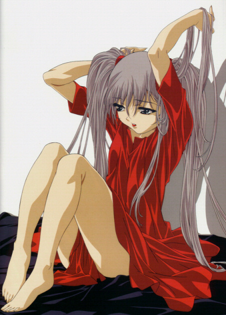 1girl 90s barefoot bed dress feet gotou_keiji hoshino_ruri kidou_senkan_nadesico kidou_senkan_nadesico_-_prince_of_darkness lipstick makeup red_dress red_skirt skirt solo thighs twintails