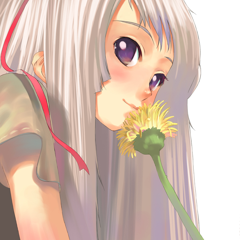 1girl flower morii_shizuki ribbon solo violet_eyes white_hair