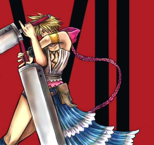 1boy buster_sword closed_eyes cloud_strife cosplay crossdressinging dress dual_wielding final_fantasy final_fantasy_vii final_fantasy_x final_fantasy_x-2 male_focus manly parody red_background showgirl_skirt solo sword weapon what yuna yuna_(cosplay) yuna_(ff10) yuna_(ff10)_(cosplay) yuna_(final_fantasy)_(cosplay)