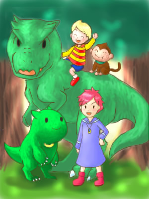 1boy 1girl dinosaur drago kumatora lowres lucas monkey mother_(game) mother_3 nintendo oekaki outdoors shirt striped striped_shirt