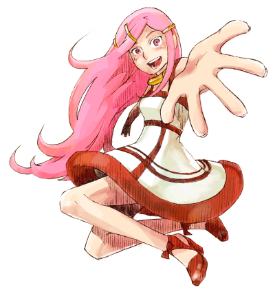 10rankai 1girl anemone_(eureka_seven) collar dress eureka_seven eureka_seven_(series) foreshortening hair_ornament hairclip hands long_hair long_legs lowres outstretched_arm outstretched_hand pink_eyes pink_hair reaching simple_background smile solo