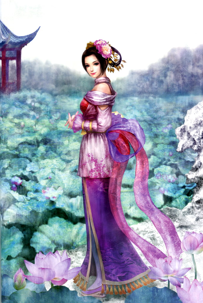 1girl architecture bare_shoulders black_hair blue_eyes building chinese_architecture chinese_clothes diao_chan east_asian_architecture flower from_side full_body hair_flower hair_ornament hands_together lips lipstick looking_at_viewer looking_back lotus makeup outdoors realistic shin_sangoku_musou solo standing water
