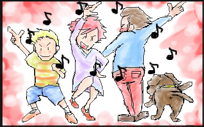 1girl 2boys boney dancing dog duster duster_(mother) kumatora lowres lucas mother_(game) mother_3 multiple_boys nintendo oekaki shirt striped striped_shirt