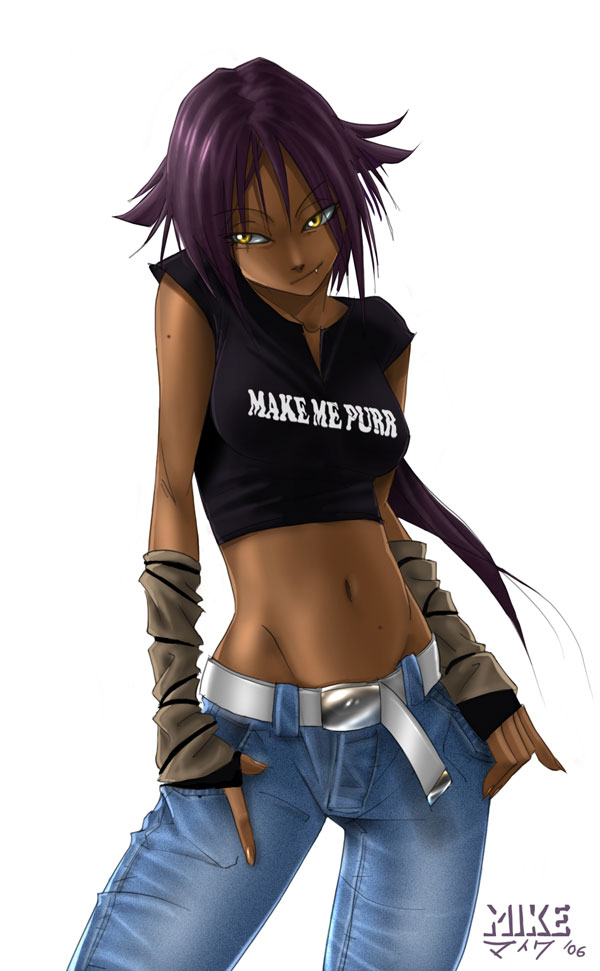 1girl arm_warmers artist_name belt black_shirt bleach breasts clothes_writing cowboy_shot crop_top dark_skin denim fang fingernails head_tilt jeans long_hair looking_away looking_to_the_side midriff mike_nesbitt mound_of_venus navel pants purple_hair shihouin_yoruichi shirt short_sleeves simple_background solo white_background yellow_eyes