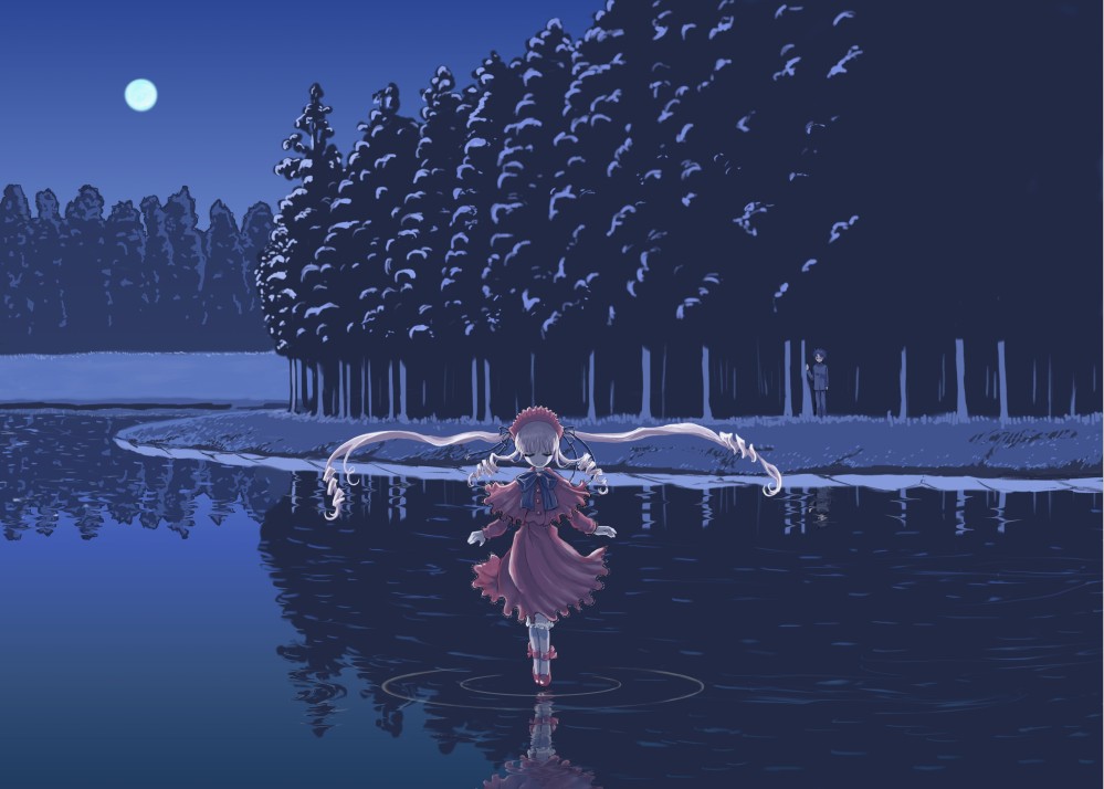 00s 1boy 1girl amano_takumi bangs blonde_hair bonnet bow bowtie capelet closed_eyes dress drill_hair floating_hair forest frills gothic grass hat kneehighs long_hair long_sleeves looking_at_another moon nature night night_sky outdoors outstretched_arms pants red_dress red_hat red_shoes reflection ripples rozen_maiden sakurada_jun school_uniform serafuku shinku shoes sky solo_focus standing standing_on_liquid standing_on_water tiptoes twin_drills twintails very_long_hair water white_legwear