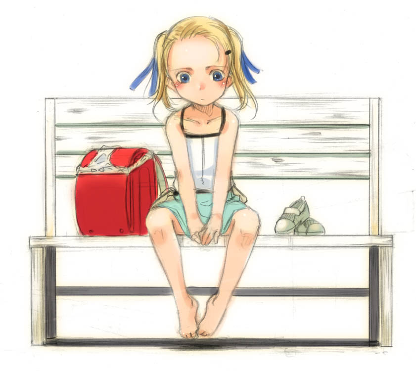 1girl backpack bag bare_shoulders barefoot bench blonde_hair blue_eyes blush feet panties randoseru shoes shoes_removed sitting sketch sleeve sody solo toes twintails underwear