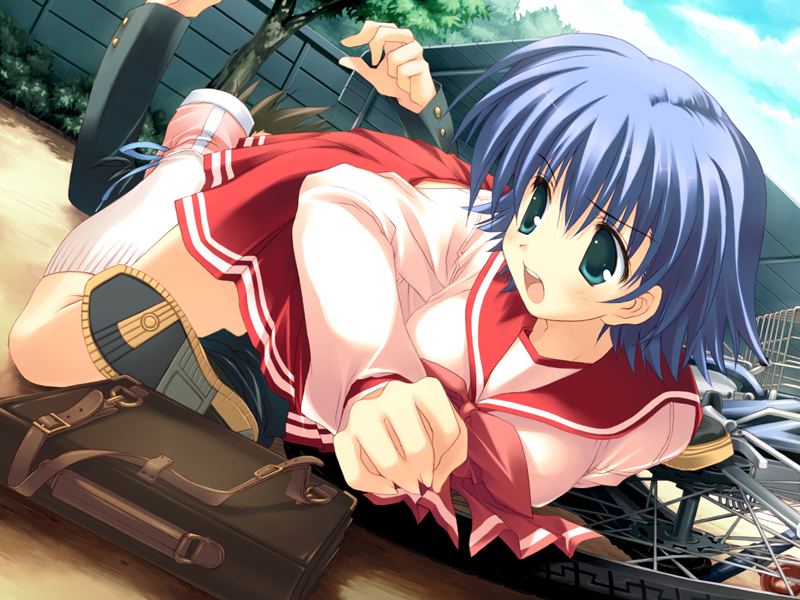 1boy 1girl accident aqua_eyes bag bangs bicycle blouse blue_hair crash dutch_angle gakuran game_cg ground_vehicle kneehighs long_sleeves looking_back mitsumi_misato on_ground open_mouth outdoors pink_shoes pleated_skirt red_ribbon red_skirt ribbon school_bag school_briefcase school_uniform serafuku shoe_soles shoes short_hair skirt sky sneakers solo_focus to_heart_2 tonami_yuma tree wall white_legwear